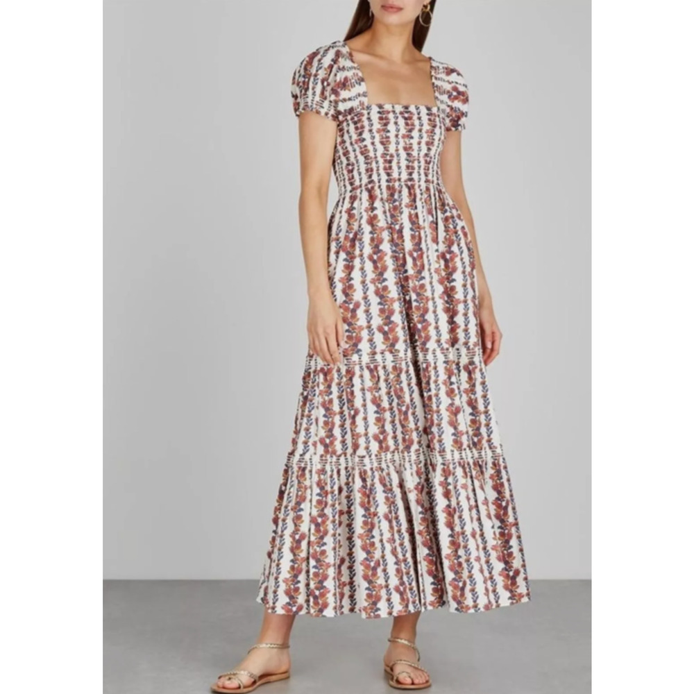 Anthropologie OPT Daphnie Vine Smocked Neck Midi Dress XS Tier Puff Floral Boho